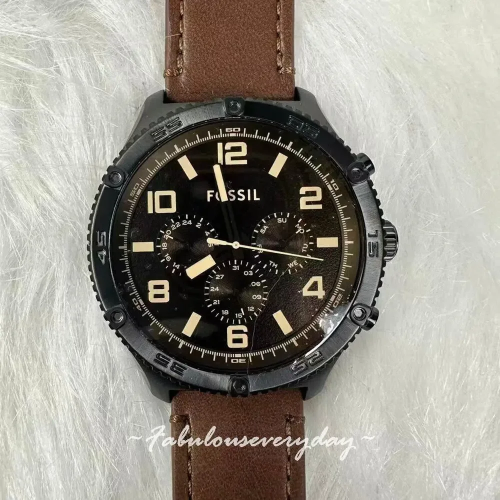 FOSSIL Men's Brox Multifunction Brown Leather Watch Black Dial 50mm BQ2802 NWT
